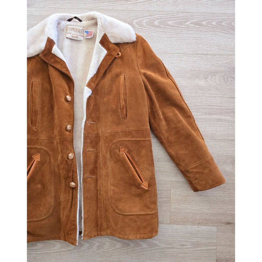 Schott NYC Rancher Western Barn Suede Leather Coat 40 Vintage Faux Fur Sherpa M - Picture 2 of 12